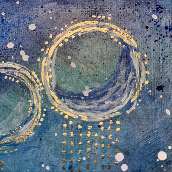 Abstract Acrylic Dream Catcher Blue and Gold Mini Painting, 6x6" - Picture 4 of 10